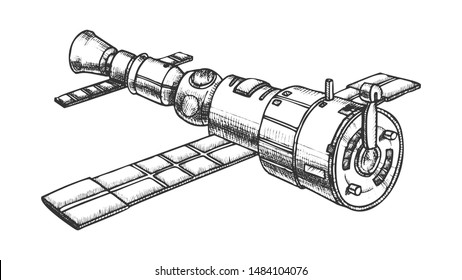 Scientific Satellite Ink Vector. Navigation System And Exploration Of The Cosmos And Planet Earth. Cosmic Station Hand Drawn In Vintage Style Black And White Illustration