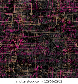 Scientific seamless background with handwritten mathematical and physical formulas, electronic components, schematic diagram and circuit of  the devices. Electrician pattern on chalk boards. Vector. 