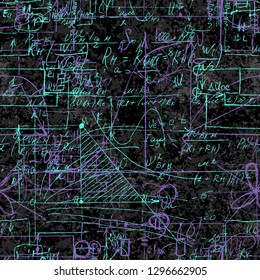 Scientific seamless background with handwritten mathematical and physical formulas, electronic components, schematic diagram and circuit of  the devices. Electrician pattern on chalk boards. Vector. 