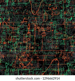 Scientific seamless background with handwritten mathematical and physical formulas, electronic components, schematic diagram and circuit of  the devices. Electrician pattern on chalk boards. Vector. 