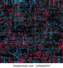 Scientific seamless background with handwritten mathematical and physical formulas, electronic components, schematic diagram and circuit of  the devices. Electrician pattern on chalk boards. Vector. 