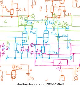 Scientific seamless background with handwritten mathematical and physical formulas, electronic components, schematic diagram and circuit of  the devices. Electrician pattern. Vector. 