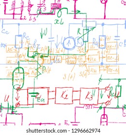Scientific seamless background with handwritten mathematical and physical formulas, electronic components, schematic diagram and circuit of  the devices. Electrician pattern. Vector. 