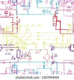 Scientific seamless background with handwritten mathematical and physical formulas, electronic components, schematic diagram and circuit of  the devices. Electrician pattern. Vector. 