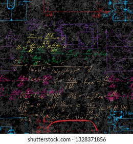 Scientific seamless background with handwritten mathematical and physical formulas, electronic components, schematic diagram and circuit of  the devices. Electrician pattern on chalk boards. Vector. 