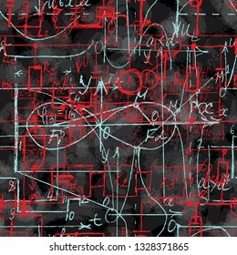 Scientific seamless background with handwritten mathematical and physical formulas, electronic components, schematic diagram and circuit of  the devices. Electrician pattern on chalk boards. Vector. 