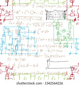 Scientific seamless background with handwritten mathematical and physical formulas, electronic components, schematic diagram and circuit of  the devices. Electrician pattern. Vector. 