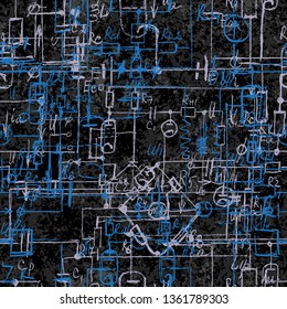 Scientific seamless background with handwritten mathematical and physical formulas, electronic components, schematic diagram and circuit of  the devices. Electrician pattern on chalk boards. Vector. 