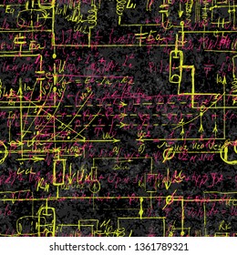 Scientific seamless background with handwritten mathematical and physical formulas, electronic components, schematic diagram and circuit of  the devices. Electrician pattern on chalk boards. Vector. 