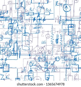 Scientific seamless background with handwritten mathematical and physical formulas, electronic components, schematic diagram and circuit of  the devices. Electrician pattern. Vector. 