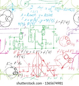 Scientific seamless background with handwritten mathematical and physical formulas, electronic components, schematic diagram and circuit of  the devices. Electrician pattern. Vector. 