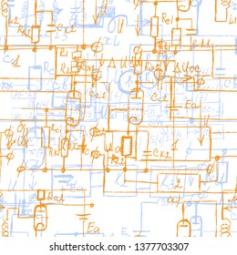 Scientific seamless background with handwritten mathematical and physical formulas, electronic components, schematic diagram and circuit of  the devices. Electrician pattern. Vector. 