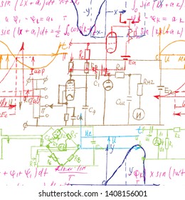 Scientific seamless background with handwritten mathematical and physical formulas, electronic components, schematic diagram and circuit of  the devices. Electrician pattern. Vector. 
