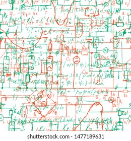 Scientific seamless background with handwritten mathematical and physical formulas, electronic components, schematic diagram and circuit of  the devices. Electrician pattern. Vector. 