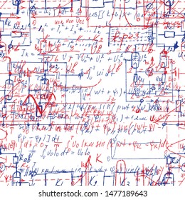 Scientific seamless background with handwritten mathematical and physical formulas, electronic components, schematic diagram and circuit of  the devices. Electrician pattern. Vector. 