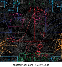 Scientific seamless background with handwritten mathematical and physical formulas, electronic components, schematic diagram and circuit of  the devices. Electrician pattern on chalk boards. Vector. 