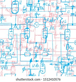 Scientific seamless background with handwritten mathematical and physical formulas, electronic components, schematic diagram and circuit of  the devices. Electrician pattern. Vector. 