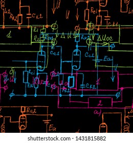 Scientific seamless color background with handwritten mathematical and physical formulas, electronic components, schematic diagram and circuit of  the devices. Electrician pattern in colour. Vector. 