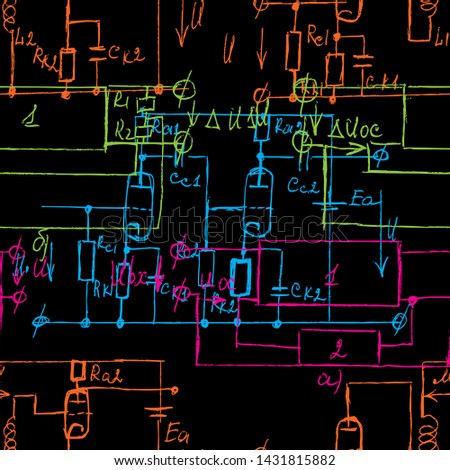 Scientific seamless color background with handwritten mathematical and physical formulas, electronic components, schematic diagram and circuit of  the devices. Electrician pattern in colour. Vector. 