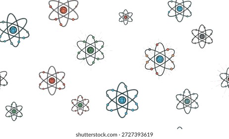 Padrão científico sem emenda apresentando vários modelos de átomos coloridos estilizados com elétrons orbitando um núcleo em um fundo branco limpo.