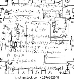 Scientific seamless texture with handwritten formulas and electronic components. Physics and schematic diagram and circuit of  the devices. Vector. 