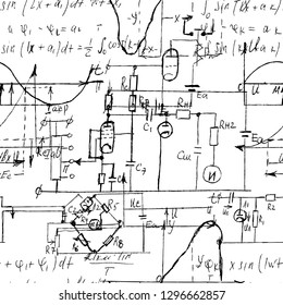 Scientific seamless texture with handwritten formulas and electronic components. Physics and schematic diagram and circuit of  the devices. Vector. 