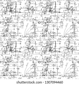 Scientific seamless texture with handwritten formulas and electronic components. Drawing of various graph solutions on white. Physics and schematic diagram and circuit of  the devices. Vector. 