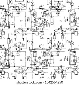 Scientific seamless texture with handwritten formulas and electronic components. Physics and schematic diagram and circuit of  the devices. Vector. 