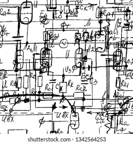Scientific seamless texture with handwritten formulas and electronic components. Physics and schematic diagram and circuit of  the devices. Vector. 