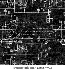Scientific seamless texture with handwritten formulas and electronic components. Physics and schematic diagram and circuit of  the devices. Vector. 