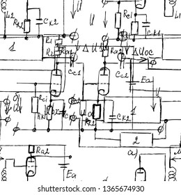 Scientific seamless texture with handwritten formulas and electronic components. Physics and schematic diagram and circuit of  the devices. Vector. 