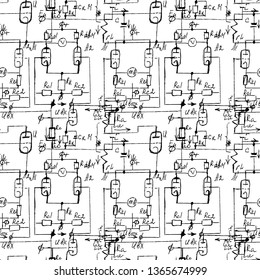Scientific seamless texture with handwritten formulas and electronic components. Physics and schematic diagram and circuit of  the devices. Vector. 