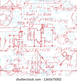 Scientific seamless texture with handwritten formulas and electronic components. Drawing of various graph solutions on white. Physics and schematic diagram and circuit of  the devices. Vector. 