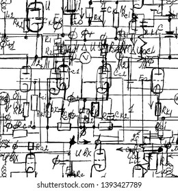 Scientific seamless texture with handwritten formulas and electronic components. Physics and schematic diagram and circuit of  the devices. Vector. 