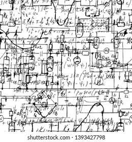Scientific seamless texture with handwritten formulas and electronic components. Drawing of various graph solutions on white. Physics and schematic diagram and circuit of  the devices. Vector. 