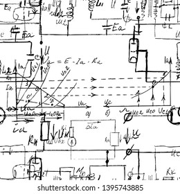 Scientific seamless texture with handwritten formulas and electronic components. Physics and schematic diagram and circuit of  the devices. Vector. 
