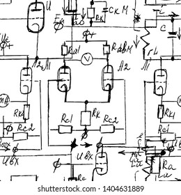 Scientific seamless texture with handwritten formulas and electronic components. Physics and schematic diagram and circuit of  the devices. Vector. 