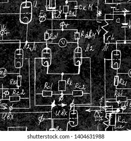 Scientific seamless texture with handwritten formulas and electronic components. Physics and schematic diagram and circuit of  the devices. Vector. 