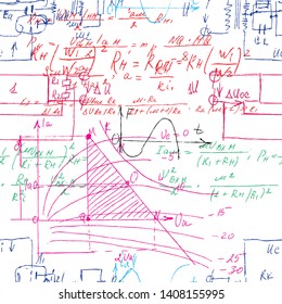 Scientific seamless texture with handwritten formulas and electronic components. Drawing of various graph solutions on white. Physics and schematic diagram and circuit of  the devices. Vector. 