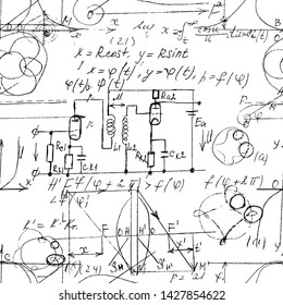 Scientific seamless texture with handwritten formulas and electronic components. Physics and schematic diagram and circuit of  the devices. Vector. 