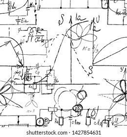 Scientific seamless texture with handwritten formulas and electronic components. Physics and schematic diagram and circuit of  the devices. Vector. 