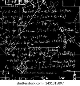 Scientific seamless texture with handwritten formulas and electronic components. Drawing of various graph solutions on chalk boards. Physics and schematic diagram and circuit of  the devices. Vector. 