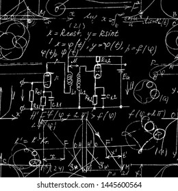 Scientific seamless texture with handwritten formulas and electronic components. Drawing of various graph solutions on chalk boards. Physics and schematic diagram and circuit of  the devices. Vector. 