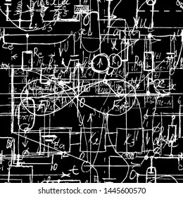 Scientific seamless texture with handwritten formulas and electronic components. Drawing of various graph solutions on chalk boards. Physics and schematic diagram and circuit of  the devices. Vector. 