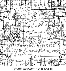 Scientific seamless texture with handwritten formulas and electronic components. Drawing of various graph solutions on white. Physics and schematic diagram and circuit of  the devices. Vector. 