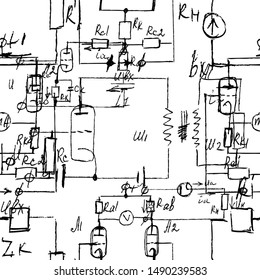 Scientific seamless texture with handwritten formulas and electronic components. Physics and schematic diagram and circuit of  the devices. Vector. 