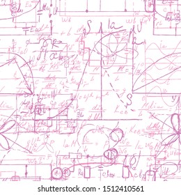 Scientific seamless texture with handwritten formulas and electronic components. Drawing of various graph solutions on white. Physics and schematic diagram and circuit of  the devices. Vector. 