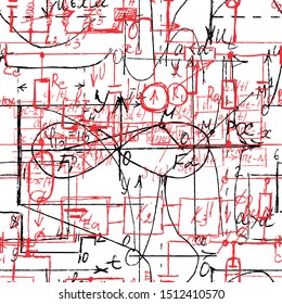 Scientific seamless texture with handwritten formulas and electronic components. Drawing of various graph solutions on white. Physics and schematic diagram and circuit of  the devices. Vector. 