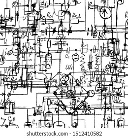 Scientific seamless texture with handwritten formulas and electronic components. Physics and schematic diagram and circuit of  the devices. Vector. 