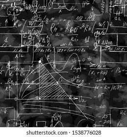 Scientific seamless texture with handwritten formulas and electronic components. Physics and schematic diagram and circuit of  the devices. Vector. 